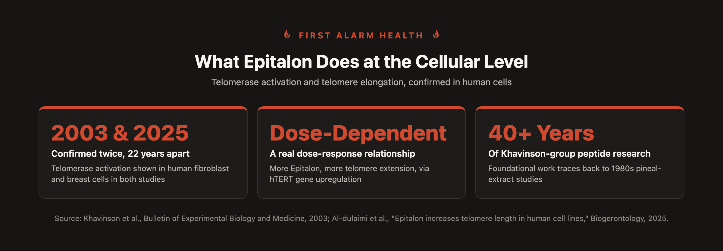 Stat callout: telomerase activation confirmed twice, 2003 and 2025
